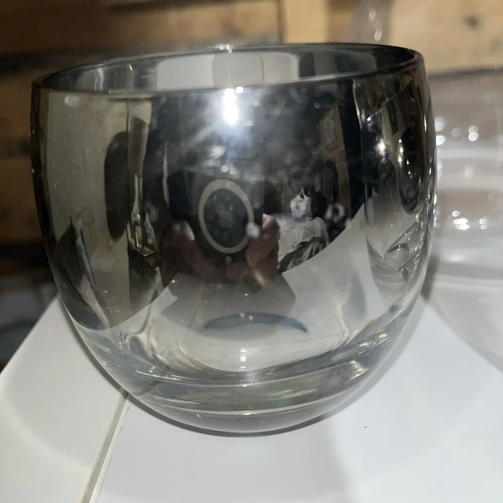 Vintage Mid Century Modern Decanter Chrome Accent & 4 Silver Fade Rocks Glasses.